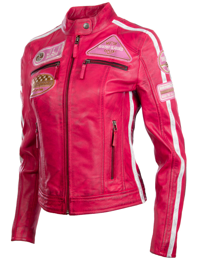 Aviatrix Women’s Super-Soft Real Leather Band Collar Patch Fashion Biker Jacket (QOOC) - Rose
