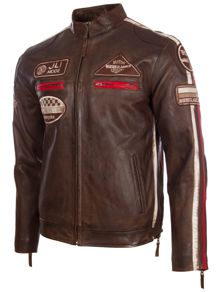 Aviatrix Men's Super-Soft Real Leather Band Collar Patch Fashion Biker Jacket (CXUS) - Nevada Brown