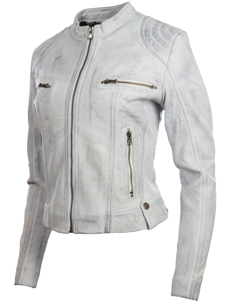 Aviatrix Women's Real Leather Short Fashion Biker Jacket (FPHE) - Dirty White