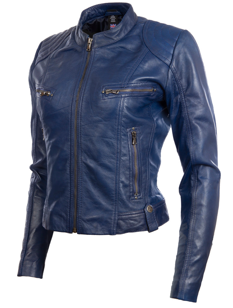 Aviatrix Women's Real Leather Short Fashion Biker Jacket (FPHE) - Midnight Blue