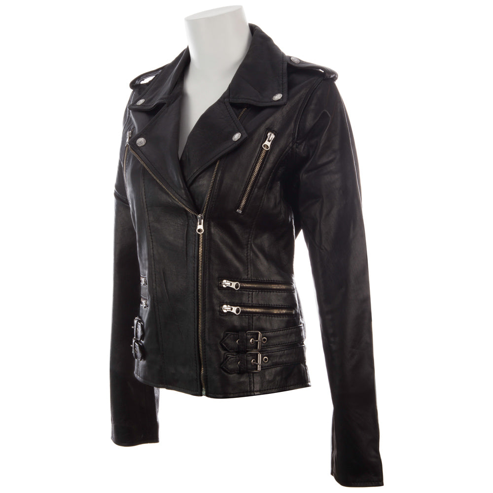 Aviatrix Women's Real Leather Cross-Zip Multi-Zip Biker Jacket (AGSM) - Black