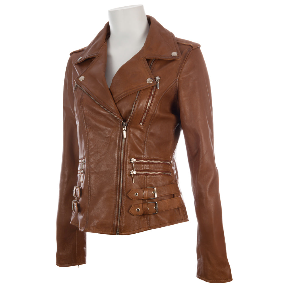 Aviatrix Women's Real Leather Cross-Zip Multi-Zip Biker Jacket (AGSM) - Timber