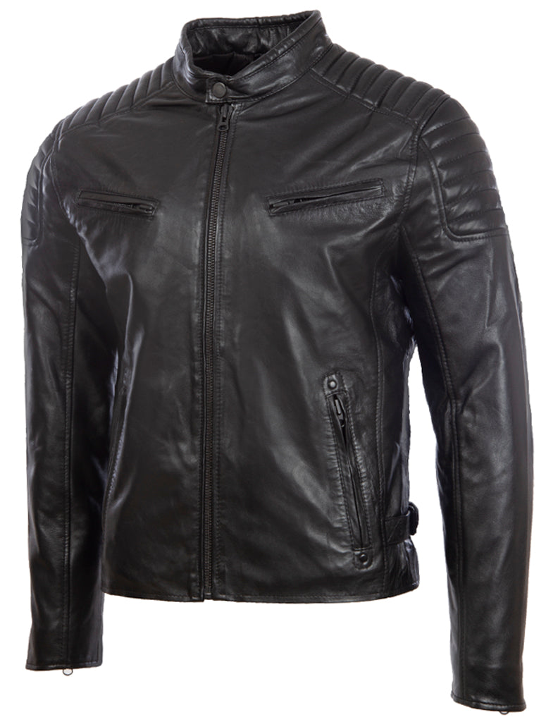 Veste biker en cuir réel pour homme Aviatrix avec détails capitonnés épaule (T86N)