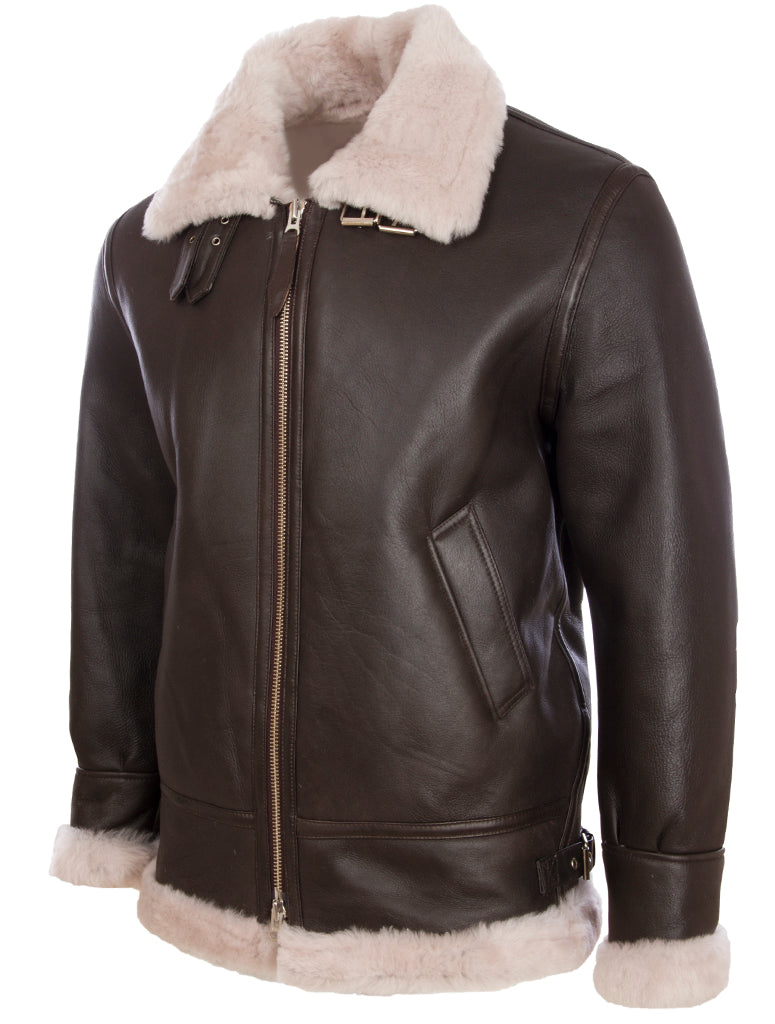 Aviatrix Men's Real Leather Shearling Classic Aviator Pilot Jacket (JEE2) - Brown/Beige Fur