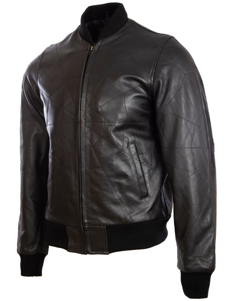 Aviatrix Men's Real Leather Web Design Fashion Bomber Jacket (4FZ5) - Black/Black Stitch