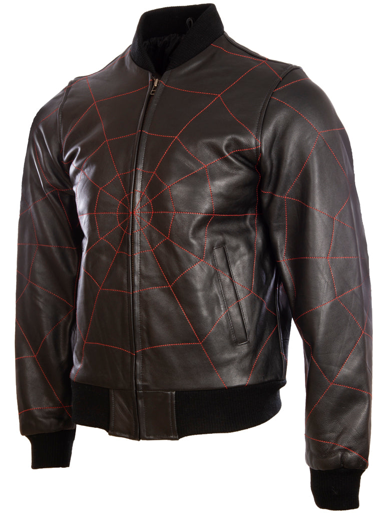 Aviatrix Men's Real Leather Web Design Fashion Bomber Jacket (4FZ5) - Puntada negra / roja