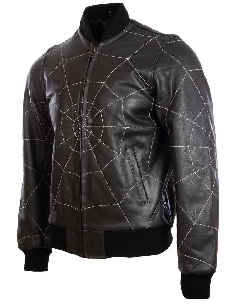 Aviatrix Men’s Real Leather Web Design Fashion Bomber Jacket (4FZ5) - Point noir/blanc