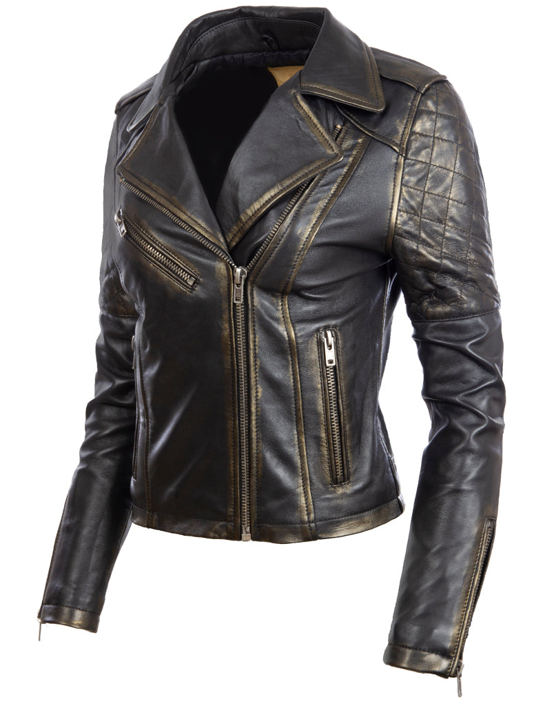 Giacca biker di moda Aviatrix Donna Real Leather Vintage Look (VVGJ)