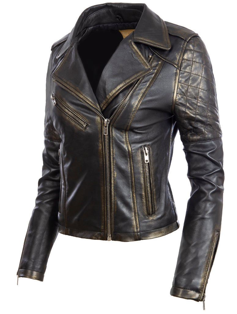 Aviatrix Mujer Cuero Real Vintage Look Chaqueta Biker (VVGJ)