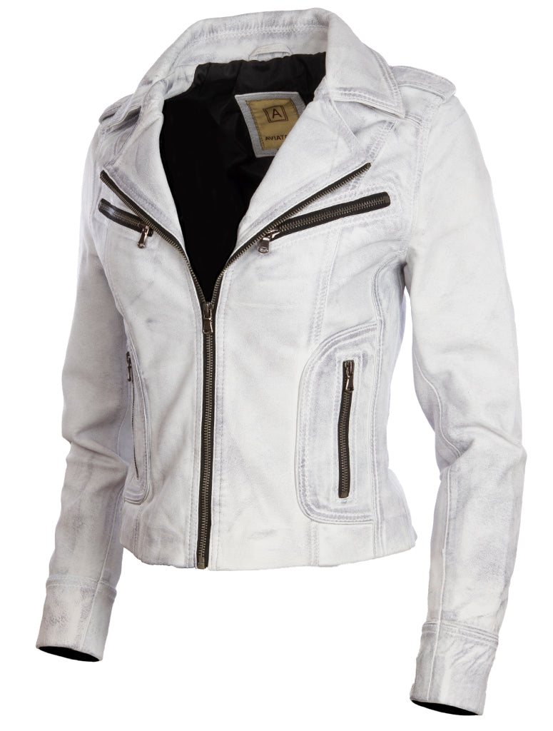 Aviatrix Women's Real Leather Short Fashion Biker Jacket (N8UL) - Dirty White