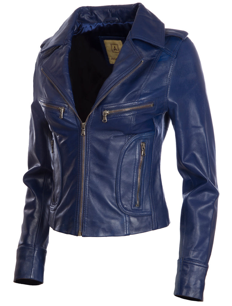 Aviatrix Women's Real Leather Short Fashion Biker Jacket (N8UL) - Navy Blue