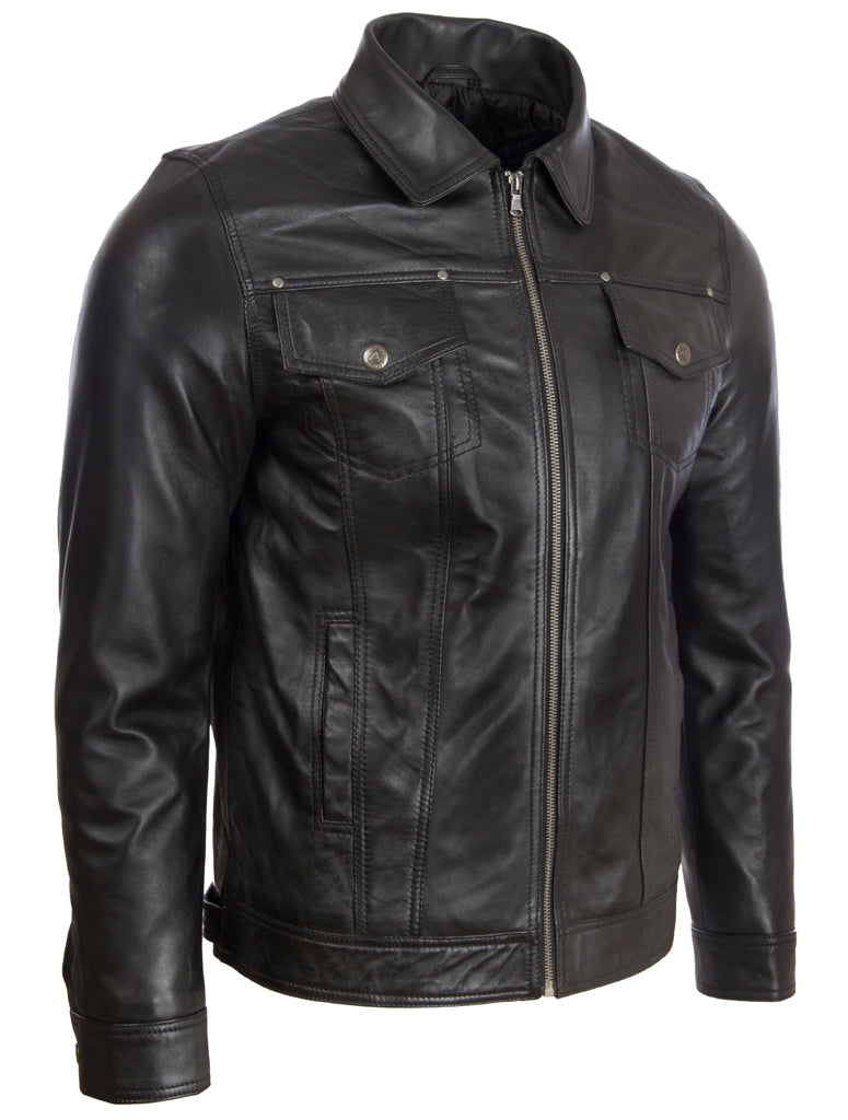 Aviatrix Men's Super-soft Real Leather Classic Harrington Fashion Jacket (AGQ5) - Black