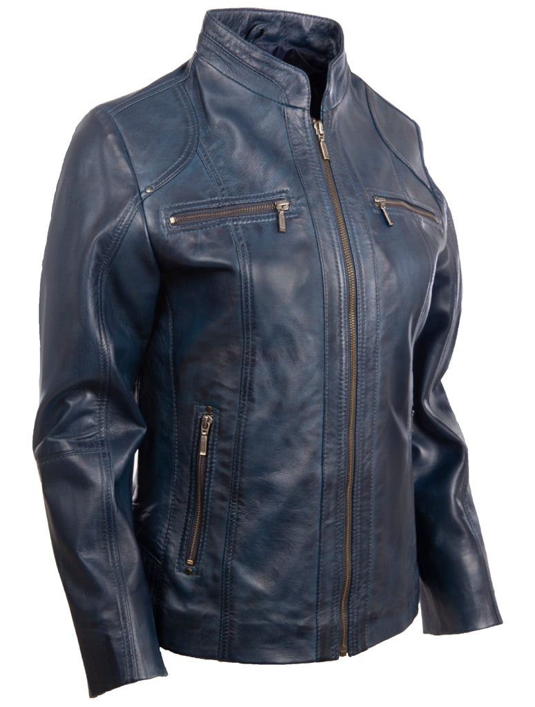 Aviatrix Women's Super Soft Real Leather Band Collar Biker Jacket (OBFQ) Navy Blue