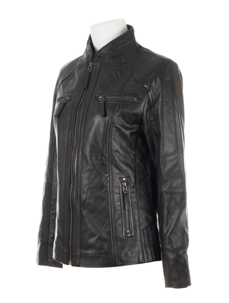Aviatrix Women's Super Soft Real Leather Band Collar Biker Jacket (OBFQ) Black