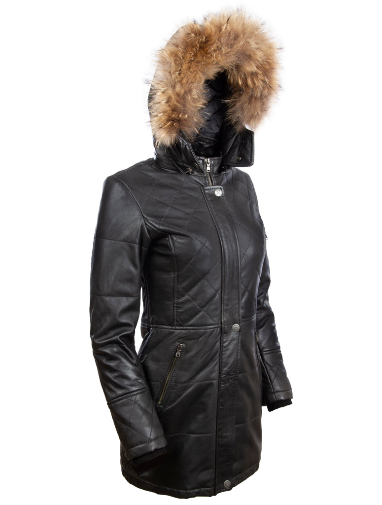 Trench-coat en cuir véritable Aviatrix Trois quarts avec capuche (N5SQ) - Noir