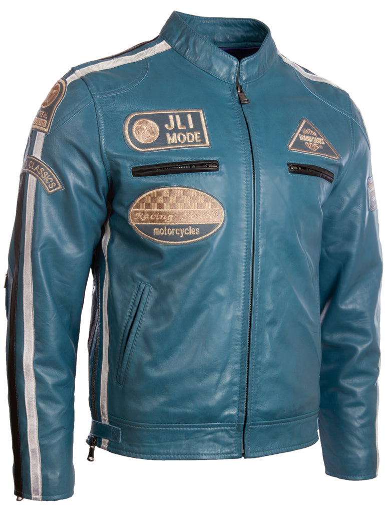 Aviatrix Men's Super-Soft Real Leather Band Collar Patch Fashion Biker Jacket (CXUS) - Denim Blue