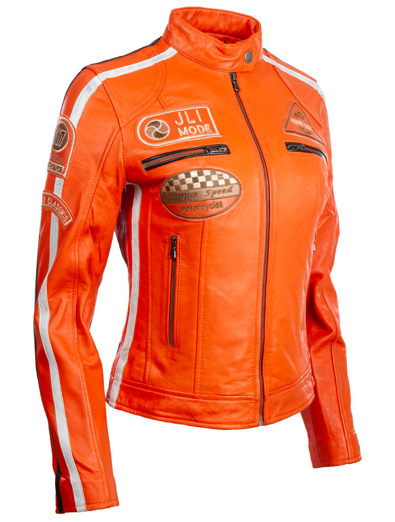 Aviatrix Women's Super-Soft Real Leather Band Collar Patch Fashion Biker Jacket (QOOC) - Light Orange