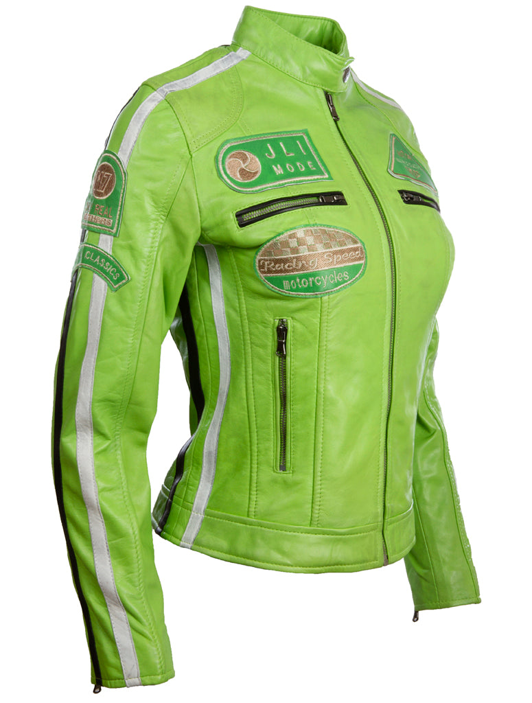 Giacca da motociclista in cuoio in pelle di aviatrix donna super-morbida collar in pelle di moda (Qooc) - Pappagallo verde