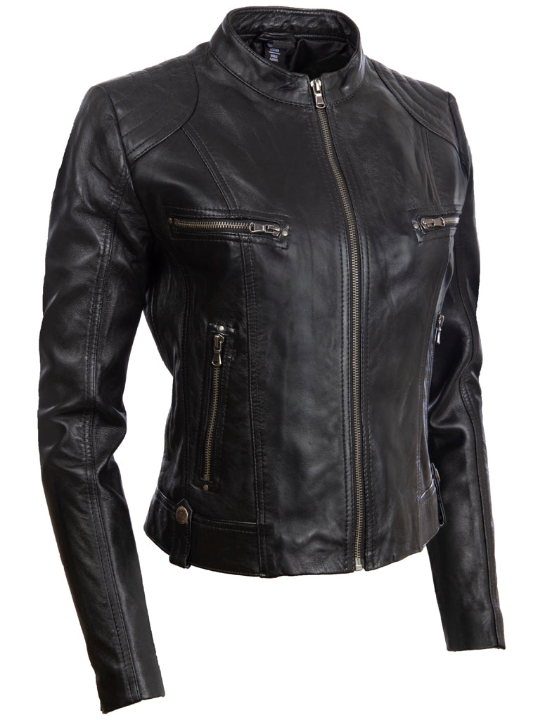Aviatrix Women's Real Leather Short Fashion Biker Jacket (FPHE) - Black