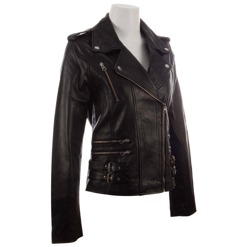 Aviatrix Women's Real Leather Cross-Zip Multi-Zip Biker Jacket (AGSM) - Black