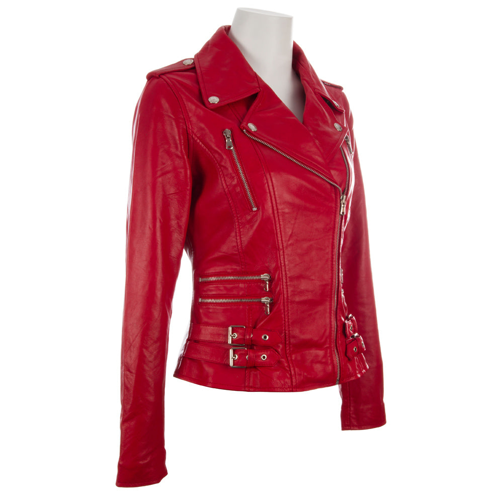 Aviatrix Women's Real Leather Cross-Zip Multi-Zip Biker Jacket (AGSM) - Red