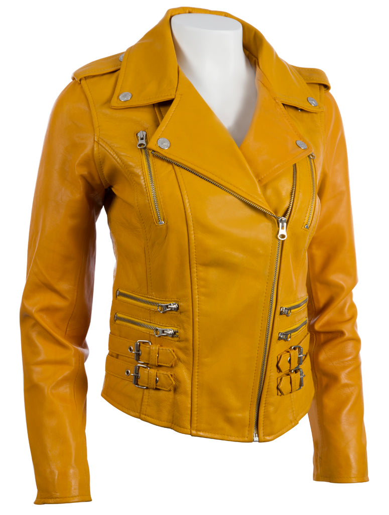 Aviatrix Women's Real Leather Cross-Zip Multi-Zip Biker Jacket (AGSM) - Yellow