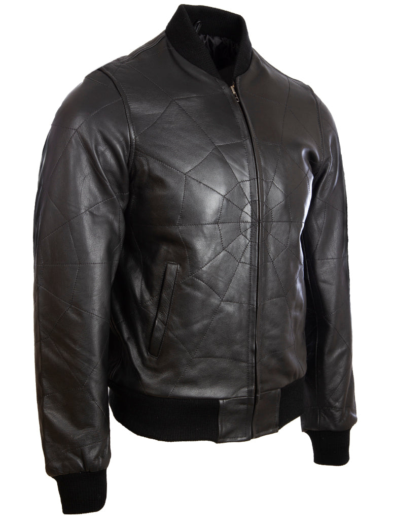 Aviatrix Men's Real Leather Web Design Fashion Bomber Jacket (4FZ5) - Black/Black Stitch