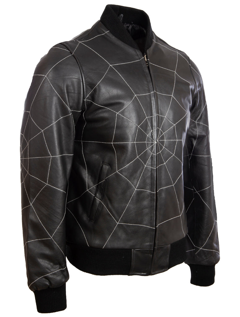 Aviatrix Men's Real Leather Web Design Fashion Bomber Jacket (4FZ5) - Black/White Stitch