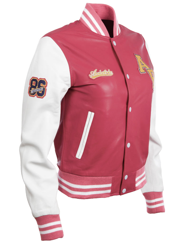 Aviatrix Women's real Leather Varsity Letterman Patch Bomber Jacket (YWVV)-Pink/White