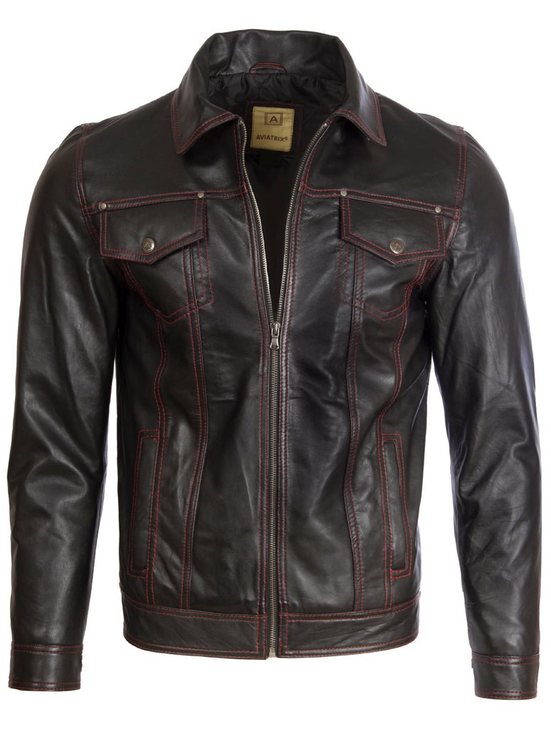 Aviatrix Men's Super-soft Real Leather Classic Harrington Fashion Jacket (AGQ5) - Black/Red Stitch
