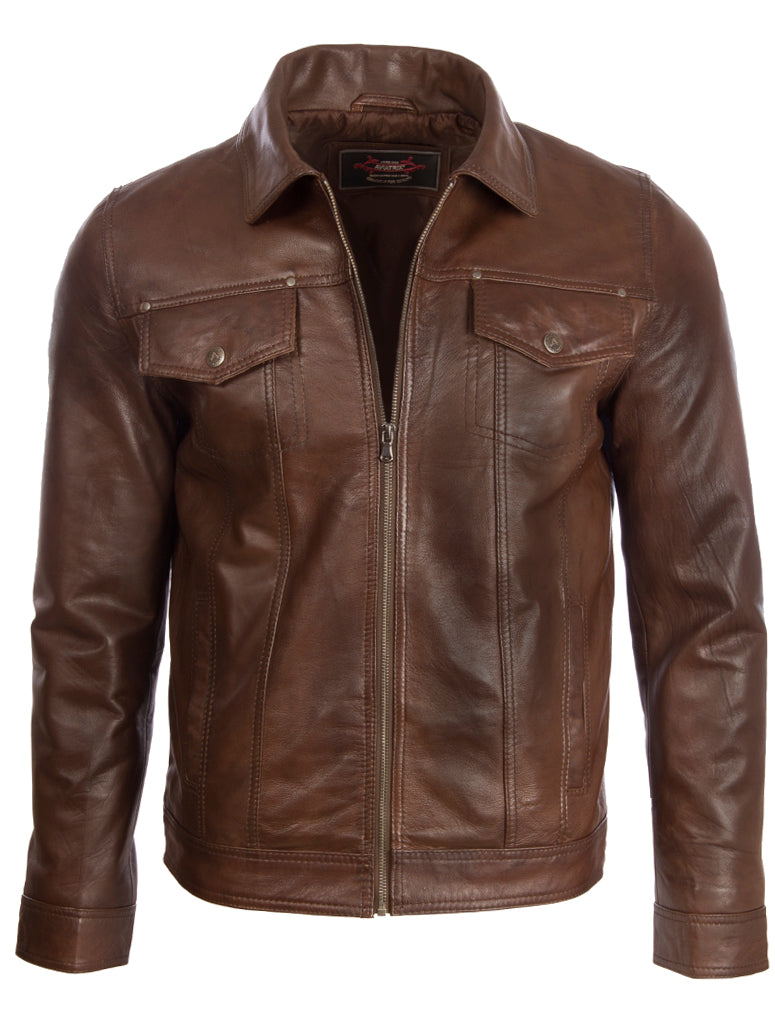 Aviatrix Men's Super-soft Real Leather Classic Harrington Fashion Jacket (AGQ5) - Nevada Brown