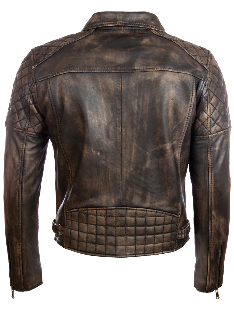 Aviatrix Men's Real Leather Asymmetric Zip Fashion Biker Jacket with Diamond Padding (6MFX)
