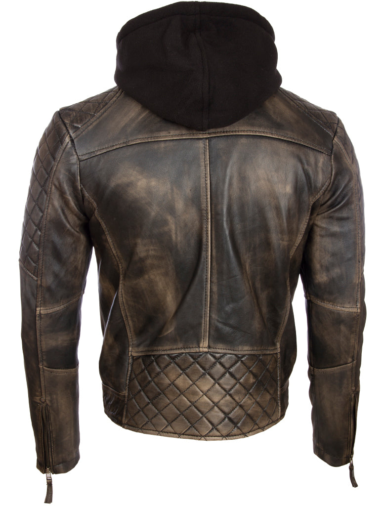 Men's Real Leather Vintage Look Biker Jacket with Removable Hood (2JB2)