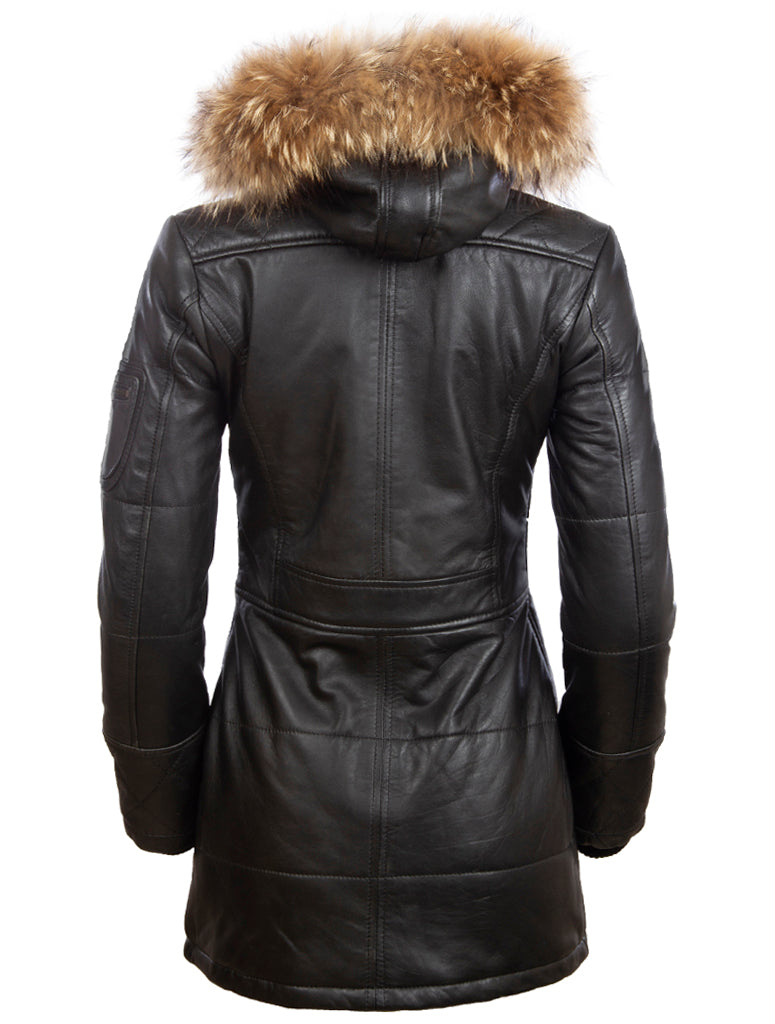 Trench-coat en cuir véritable Aviatrix Trois quarts avec capuche (N5SQ) - Noir
