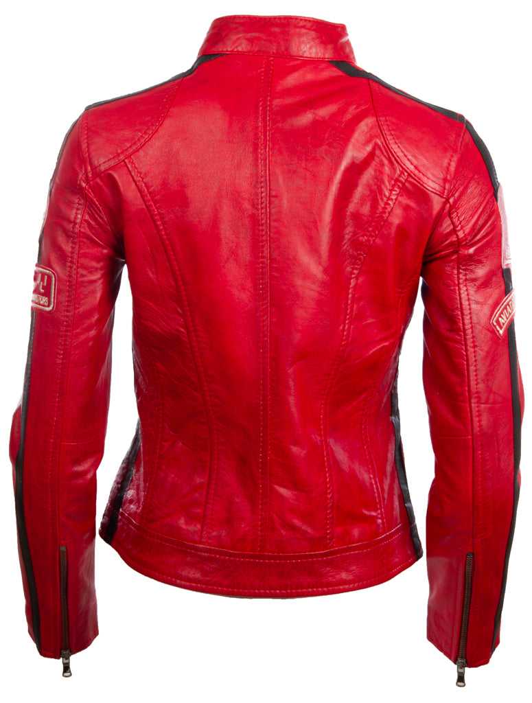 Aviatrix Chaqueta de motorista de moda con parche de cuello de banda de cuero real súper suave para mujer (QOOC) - Rojo