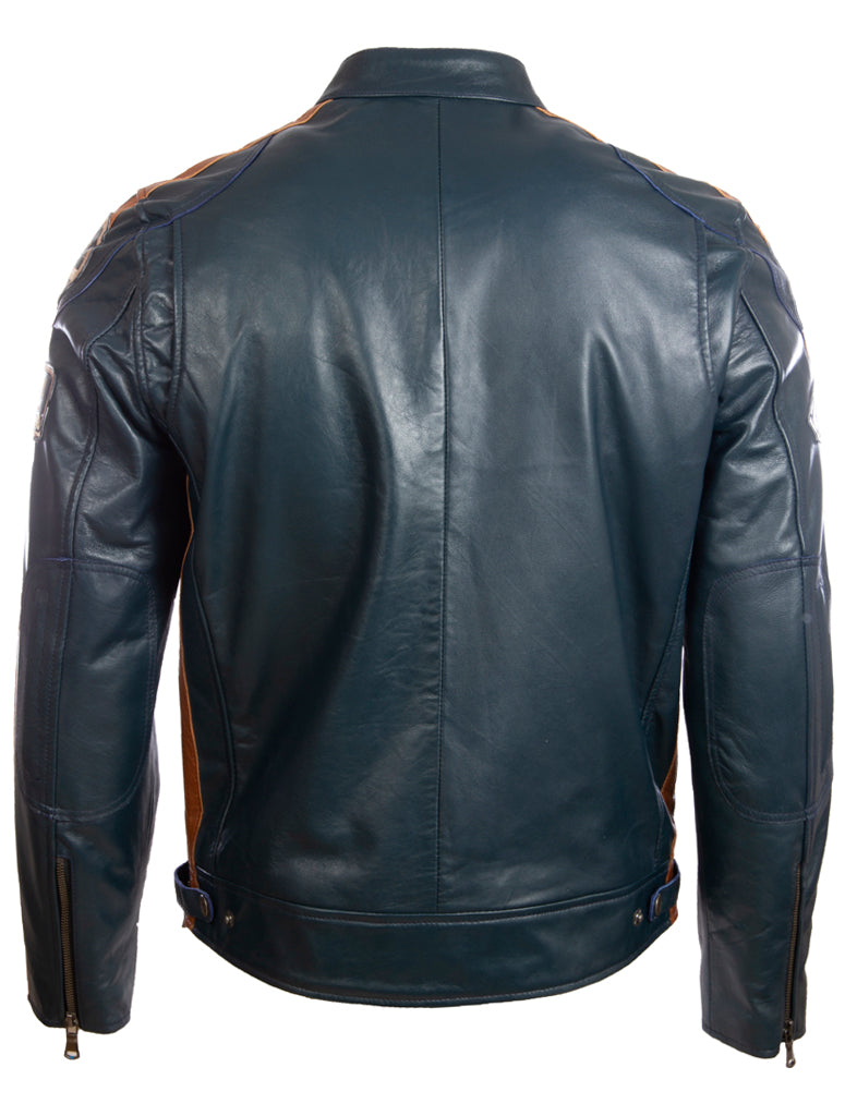 Aviatrix Men's Super-Soft Real Leather Band Collar Patch Fashion Biker Jacket (CXUS) - Navy Blue