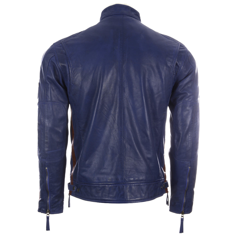 Aviatrix Men's Super-Soft Real Leather Band Collar Patch Fashion Biker Jacket (CXUS) - Ocean Blue