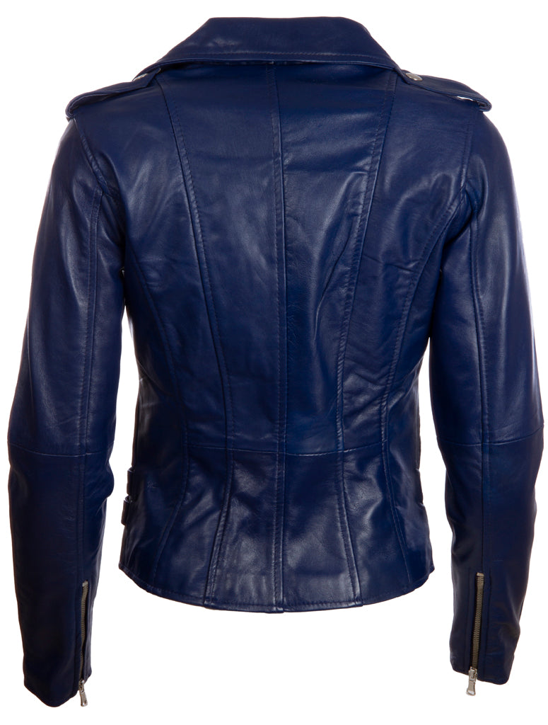 Aviatrix Women's Real Leather Cross-Zip Multi-Zip Biker Jacket (AGSM) - Navy Blue