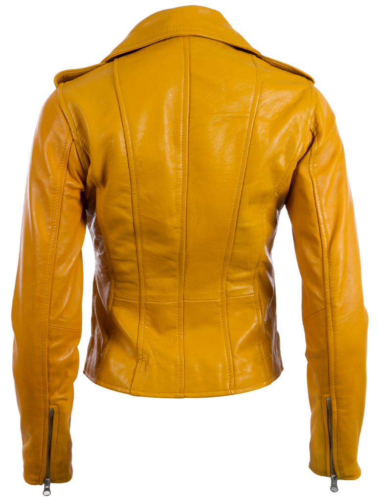 Aviatrix Women's Real Leather Cross-Zip Multi-Zip Biker Jacket (AGSM) - Yellow