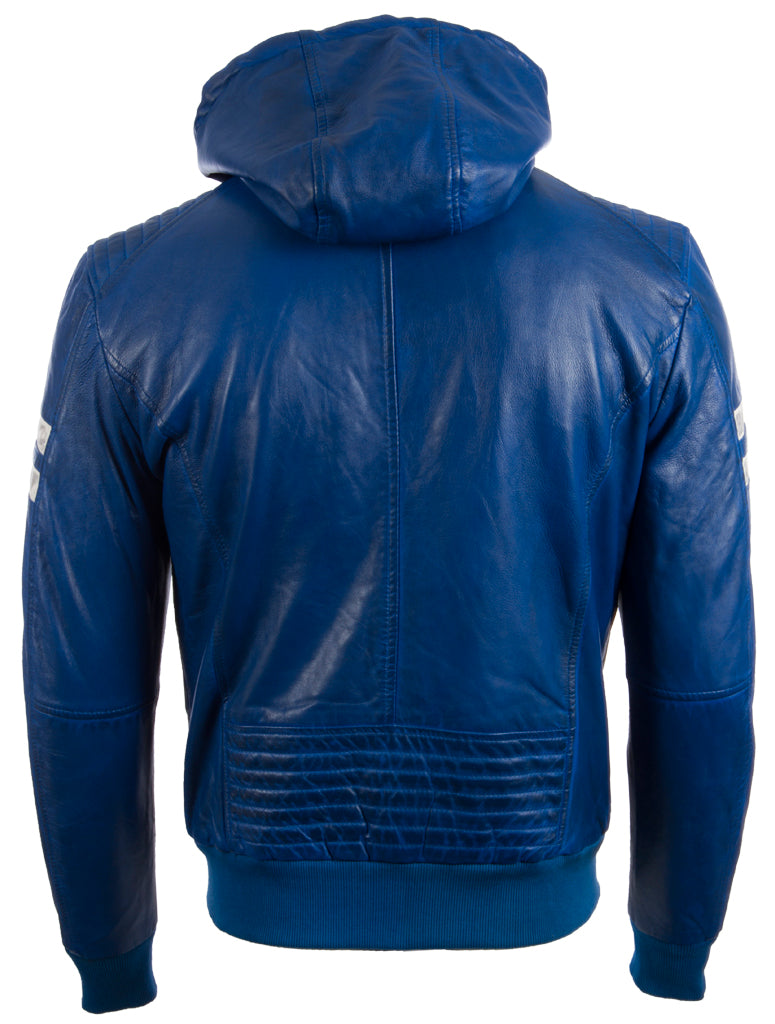 Aviatrix Men's Real Leather Slim Fit Fashion Jacket With Hood And Stripes (2VQ9) - Electric Blue