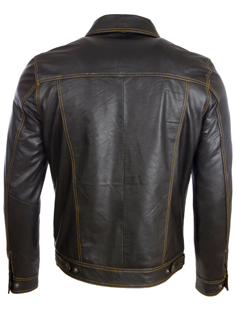 Aviatrix Men's Super-soft Real Leather Classic Harrington Fashion Jacket (AGQ5) - Black/Yellow Stitch