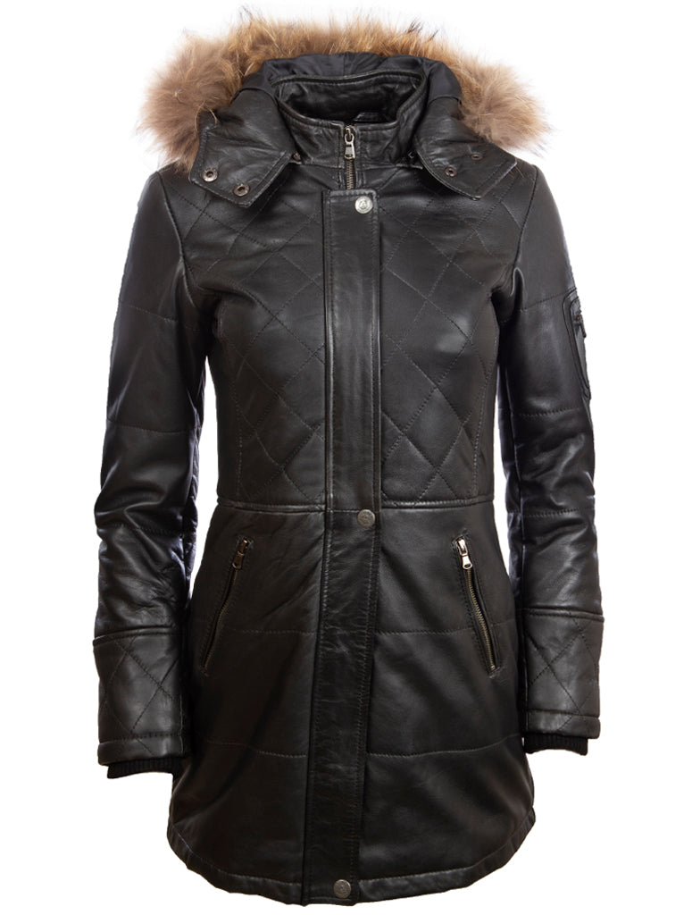 Trench-coat en cuir véritable Aviatrix Trois quarts avec capuche (N5SQ) - Noir