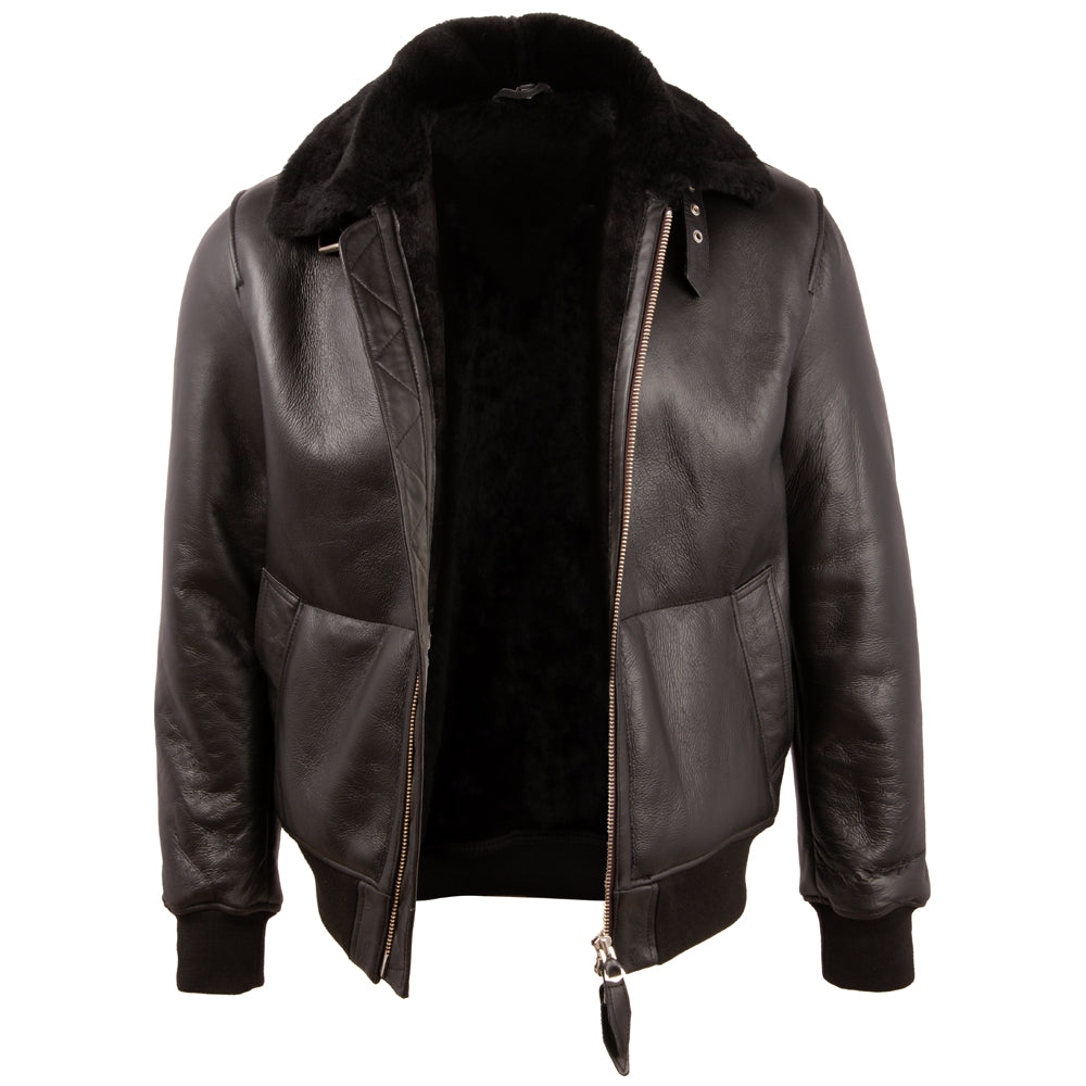 Aviatrix Men's Real Leather Shearling Fashion Bomber Jacket (7DIA) - Black Fur