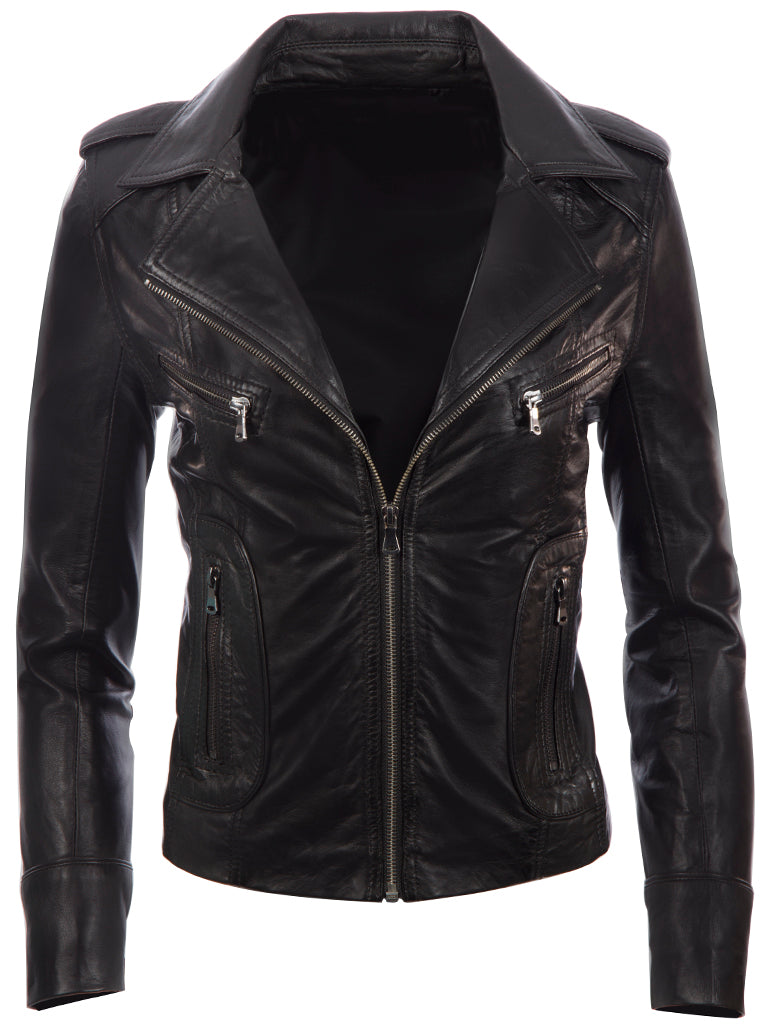 Aviatrix Women's Real Leather Short Fashion Biker Jacket (N8UL) - Black